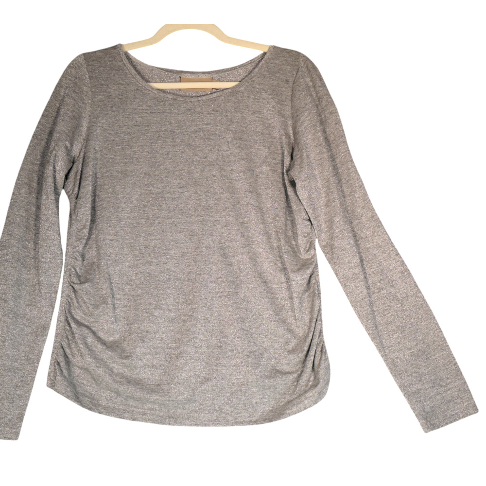 CanvasBacks Knit Top Womens L Silver Metallic Shimmer Party Holiday Ruched